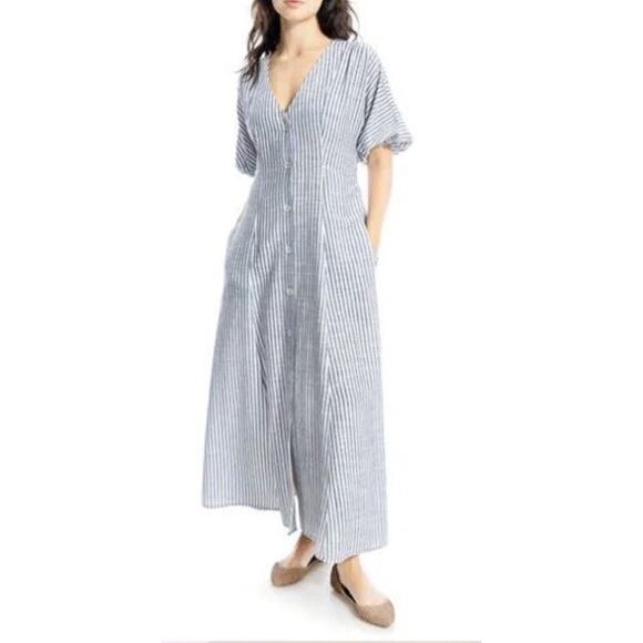 Max Studio Size Large Button Front Maxi Dress Blue Striped Cotton Linen Blend - Picture 1 of 10